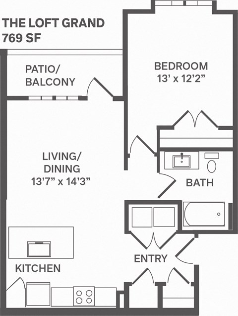 Floor plan for 1 bed, 1 bath, 769 sqft